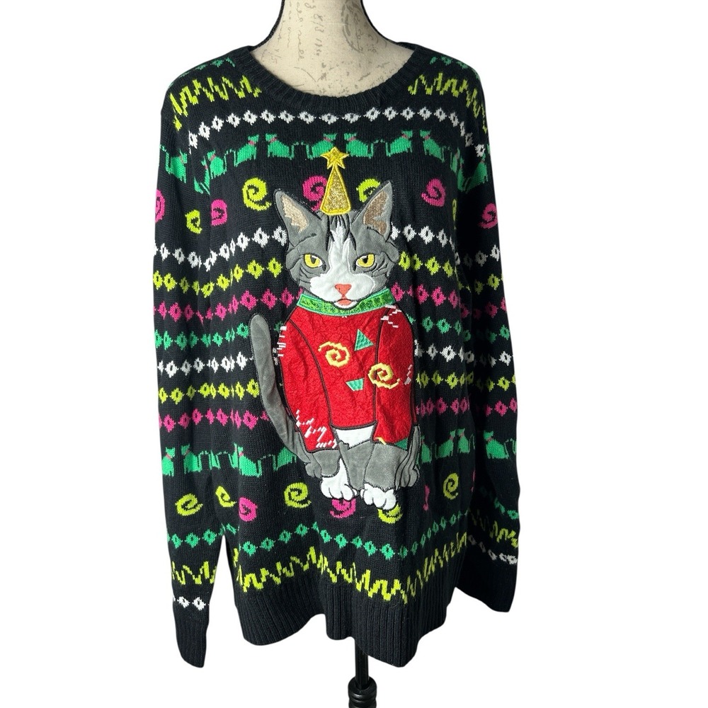Holiday Hype Cat Ugly Christmas Sweater Adult XXL‎ Festive Teacher Pullover